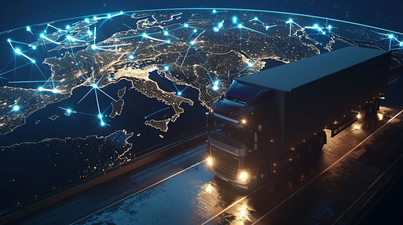 Semi-trailer Truck Driving on a Wet Road With a Night View of Europe in the Background