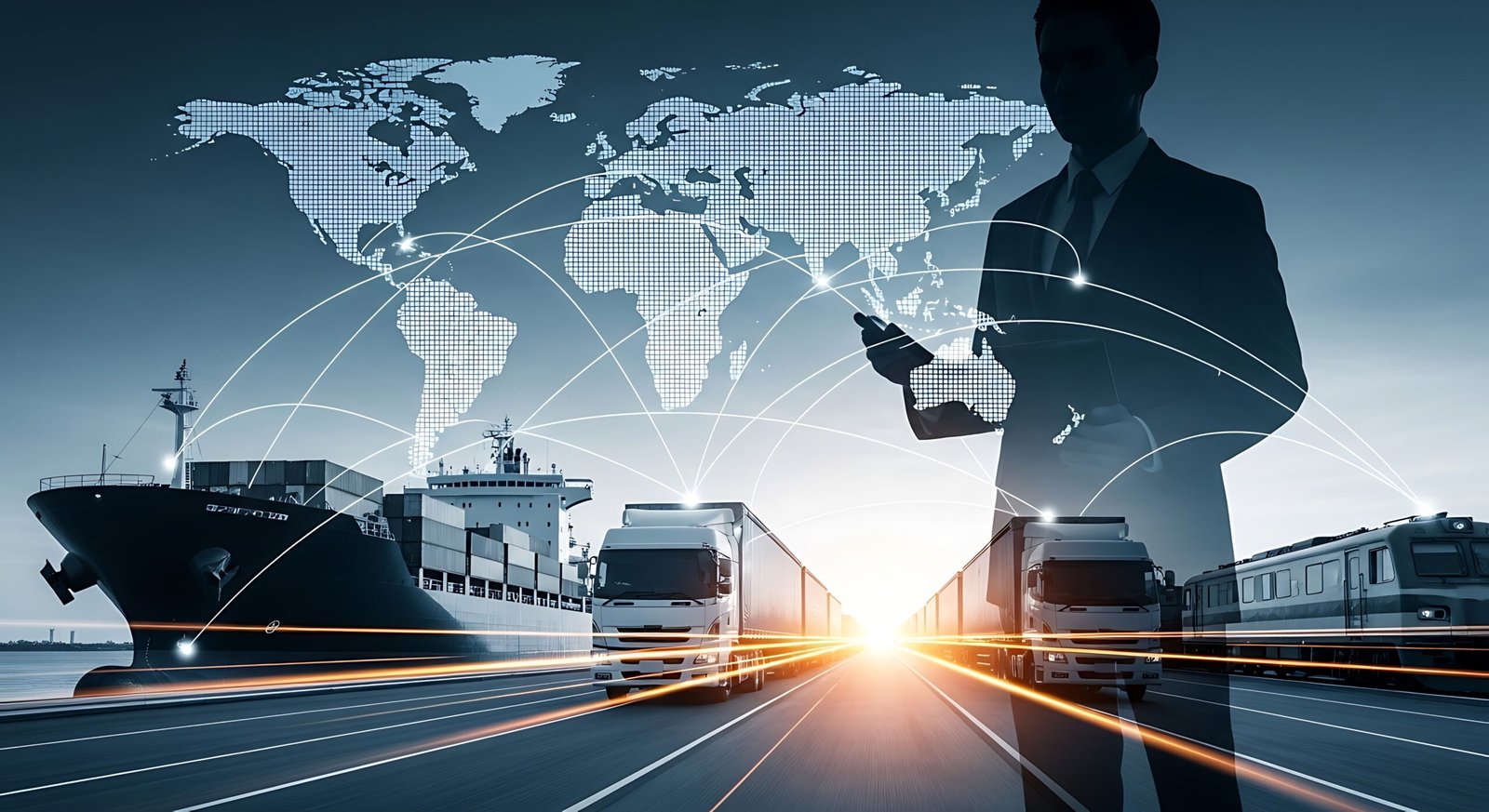 Global logistics network with ship trucks and train