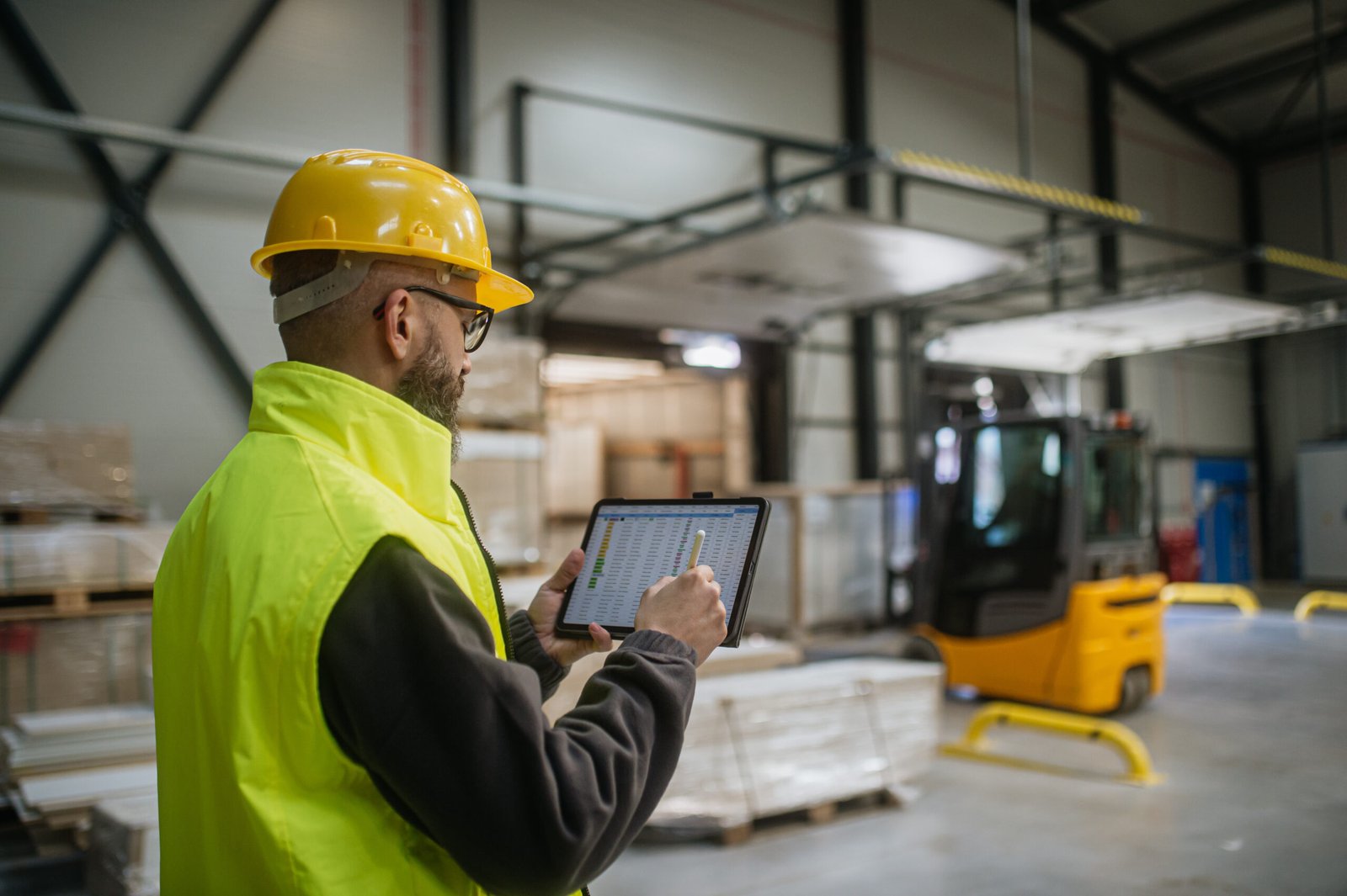 Warehouse receiver standing by delivered cargo, holding tablet, looking at cargo details, checking delivered items, goods against order.